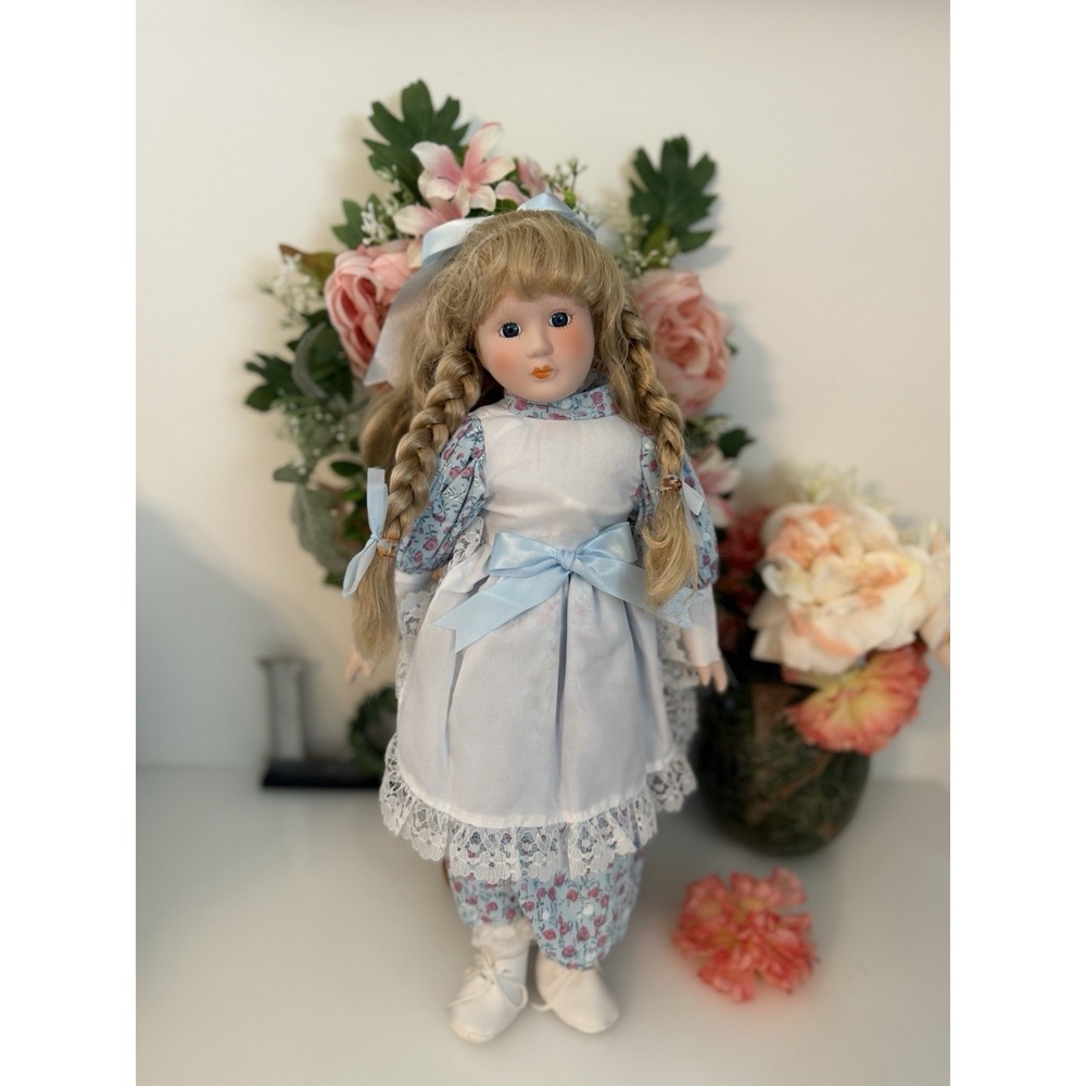Porcelain Doll Blond Braids Hair Floral Print & White Lace Dress 16" Vintage EUC